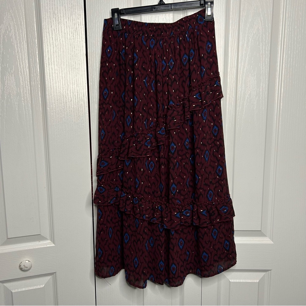 Anthropologie Allison New York Burgundy Red Metallic Ikat Ruffle Skirt Size S